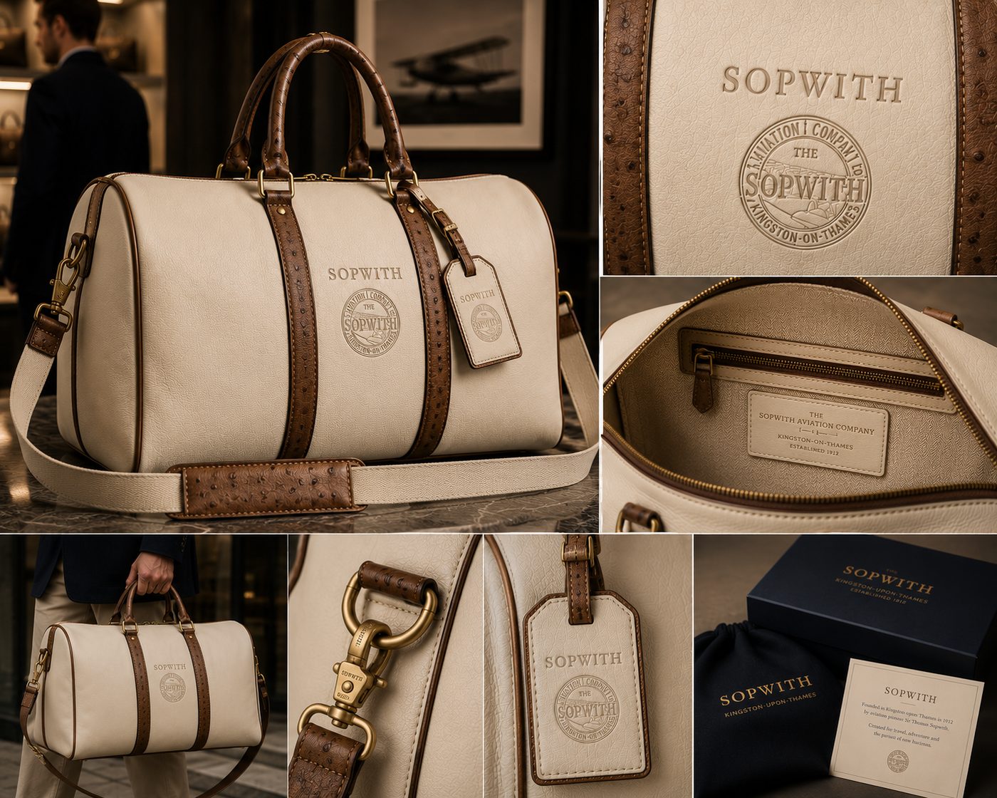 Sopwith cream and tan leather holdall