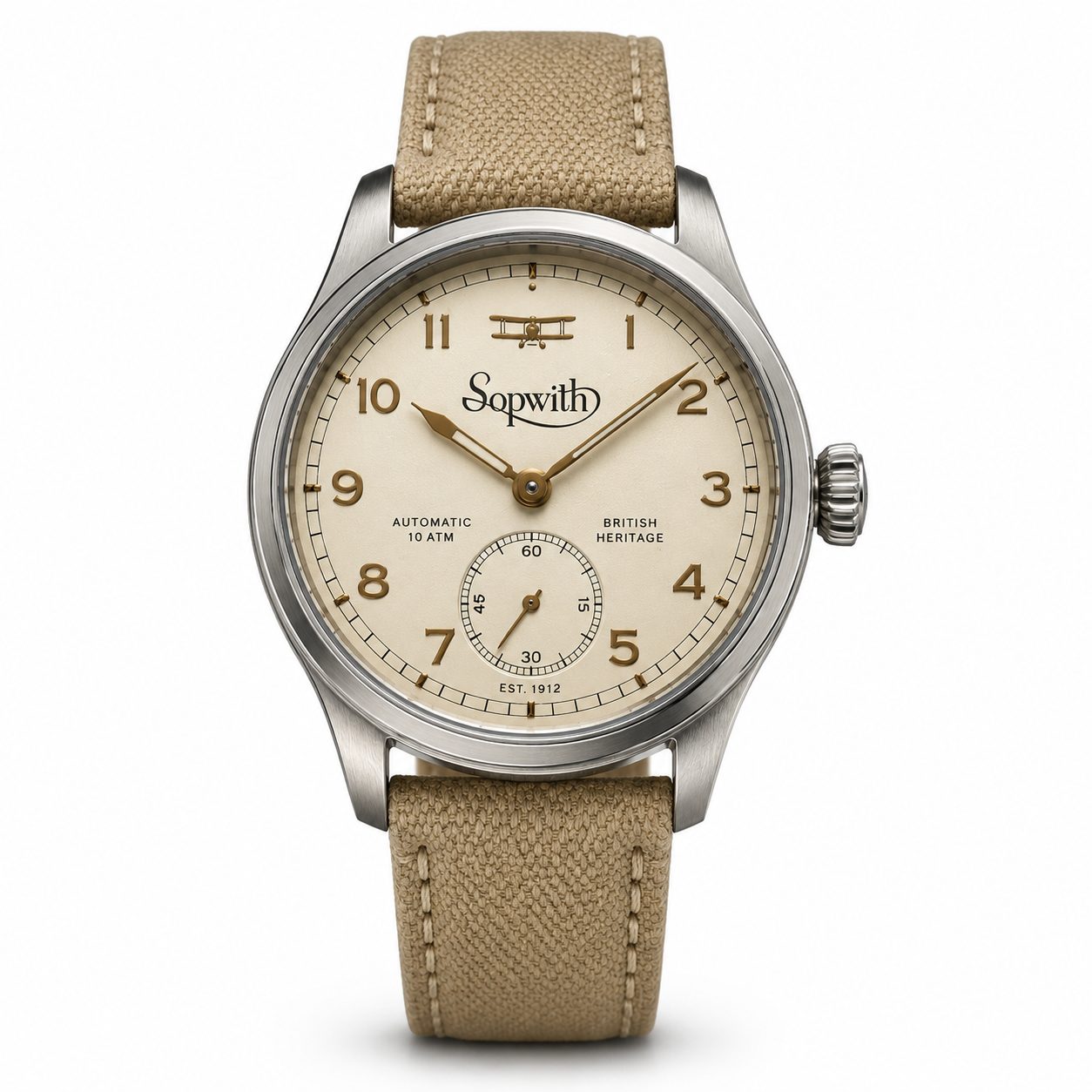 Sopwith automatic watch with cream dial and canvas strap