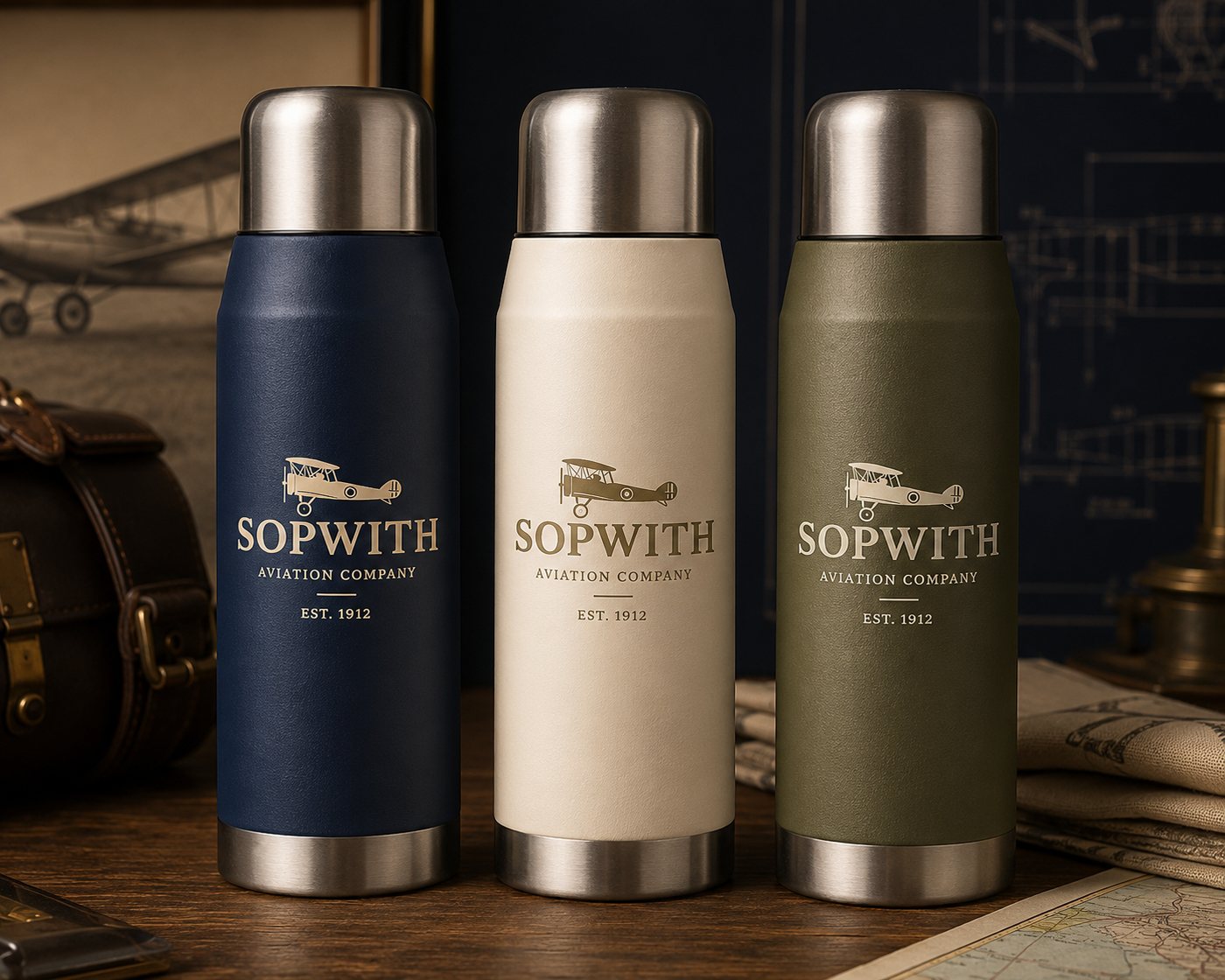 Sopwith vacuum flasks in navy, cream and olive