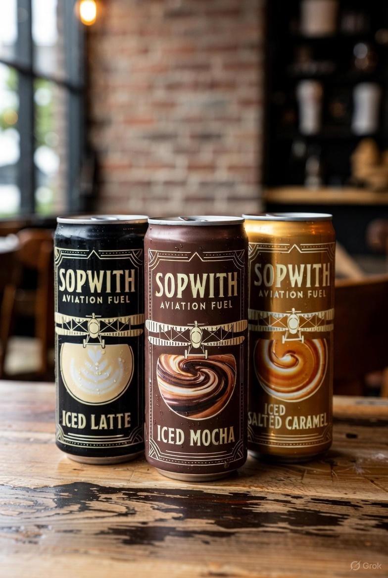Sopwith Aviation Fuel iced latte, iced mocha and iced salted caramel cans